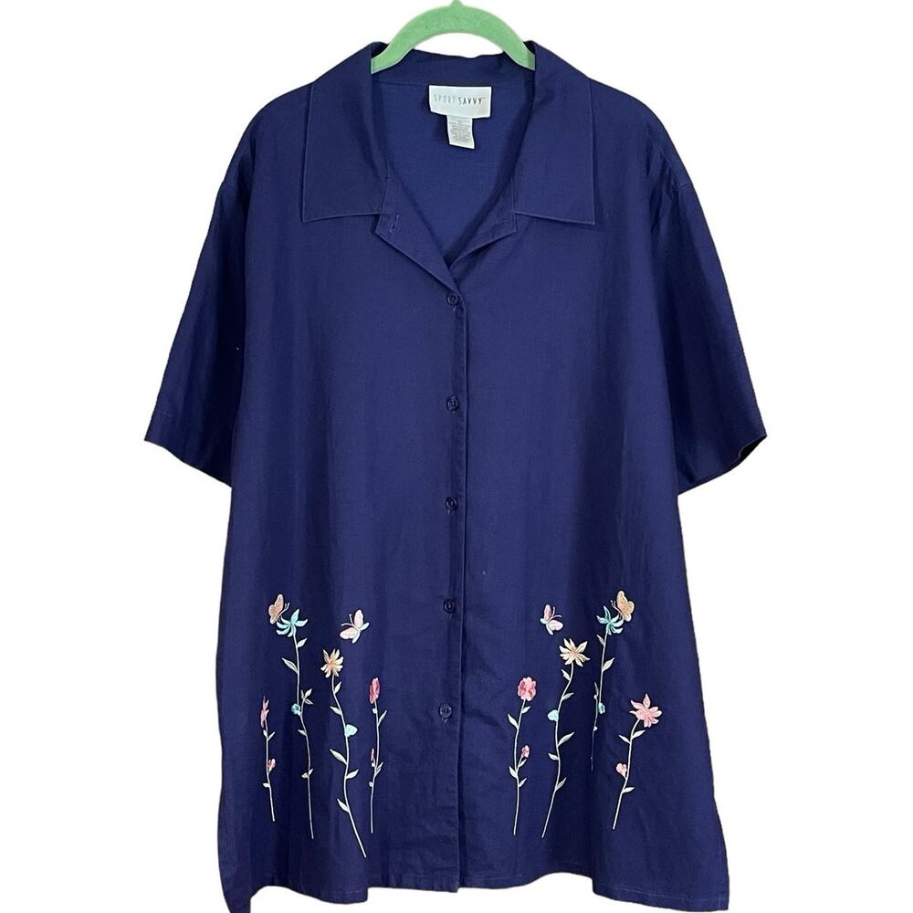 Sport Savvy Short Sleeve Floral Embroidered Camp Shirt Navy Blue Size 1X